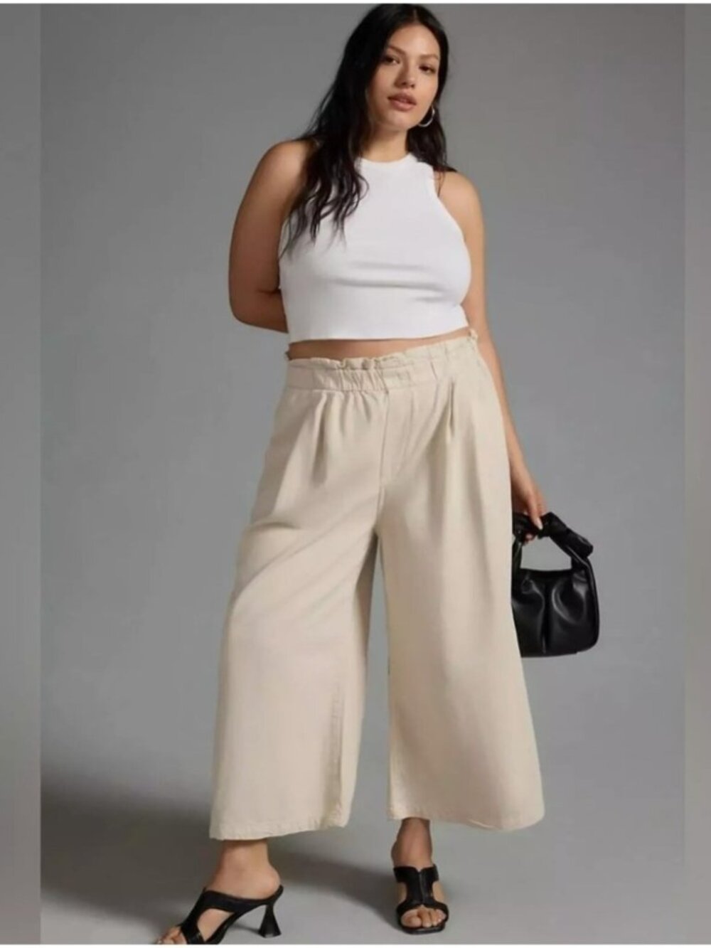Anthropologie Pilcro High-Rise Cropped Wide Leg Paperbag Pants in Cream Size LP